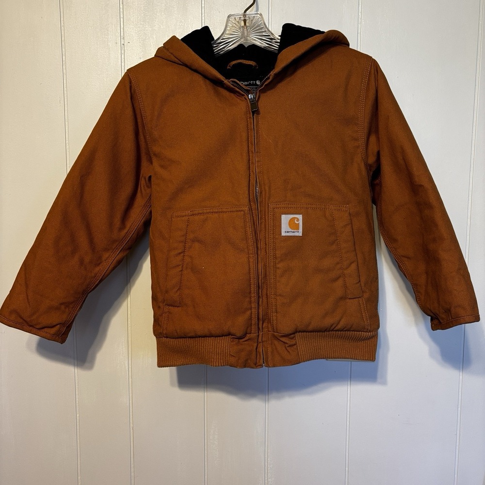 Carhartt Kids S 7-8 Active Jacket Brown Duck Canvas Hooded Quilted OJ8545-B